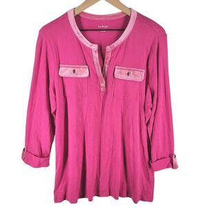 Kim Rogers Curvy 1X Pink Velour Trim Henley Tunic Top Cotton Casual Feminine